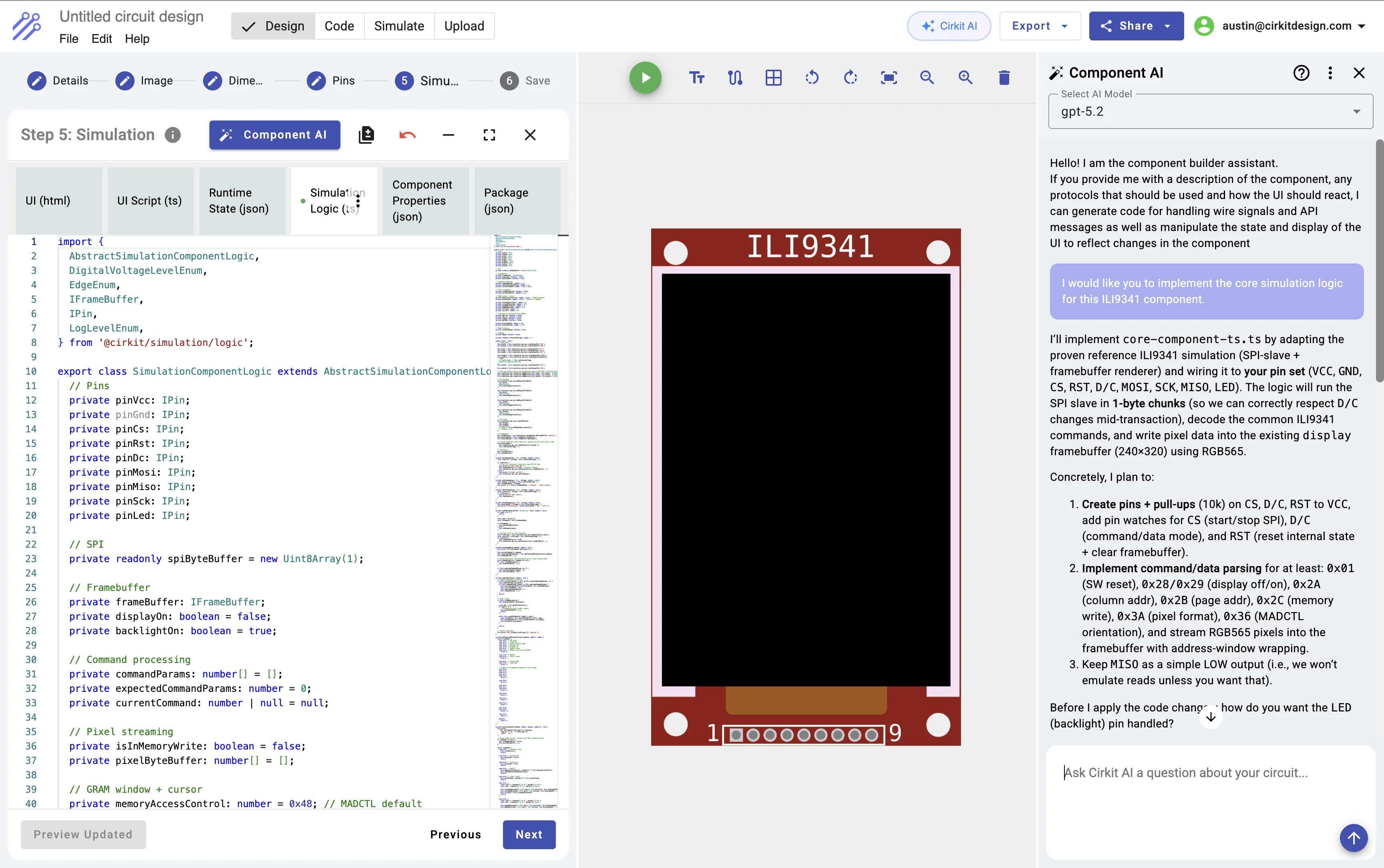 Cirkit Designer component editor showing simulation code, a component preview, and Cirkit AI assistance
