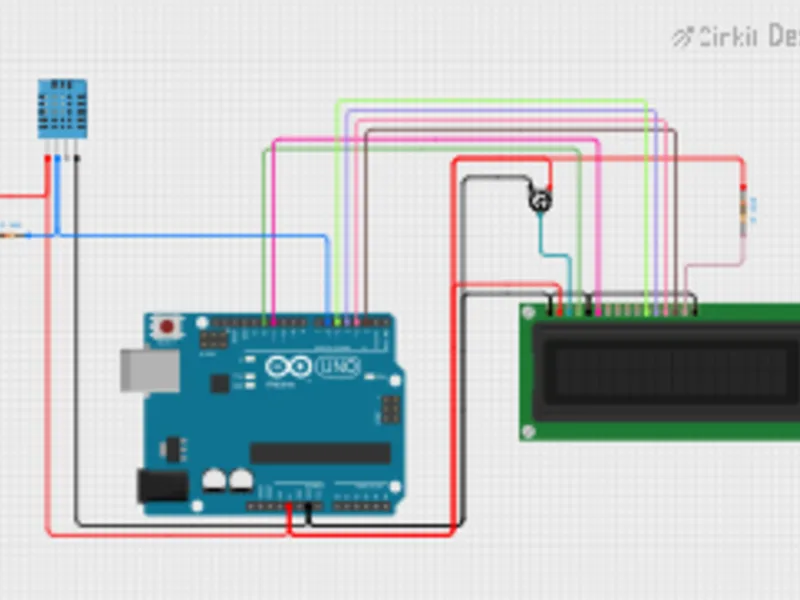 Arduino UNO DHT11 temperature humidity sensor and LCD project in Cirkit Designer