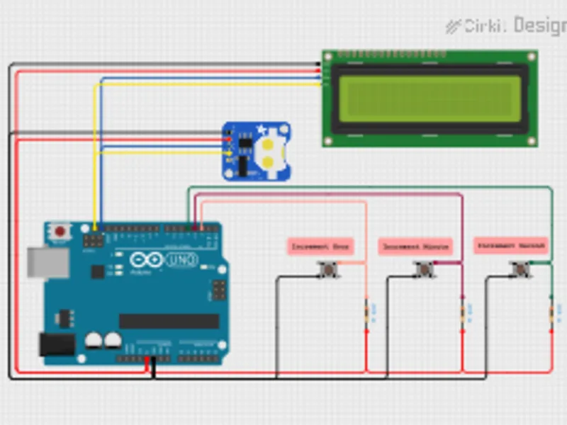 Arduino UNO DS1307 real time clock and LCD project in Cirkit Designer