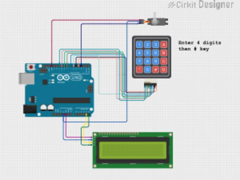 Arduino UNO hotel safe project with keypad LCD and servo in Cirkit Designer