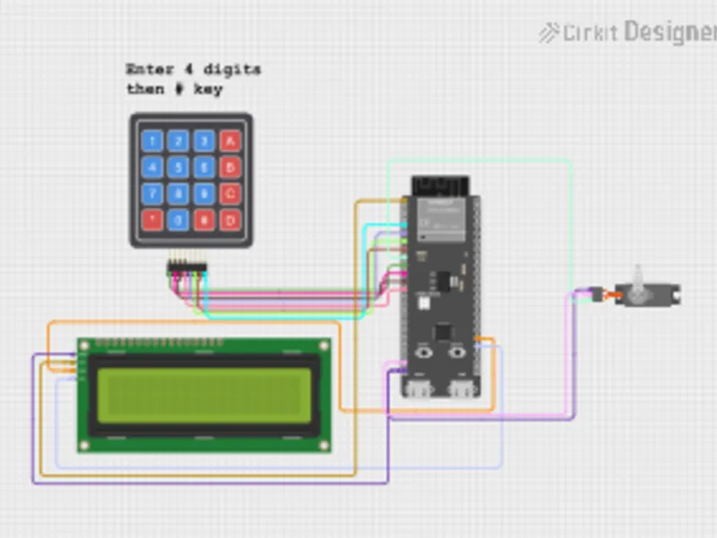 ESP32-S3 hotel safe project with keypad LCD and servo in Cirkit Designer