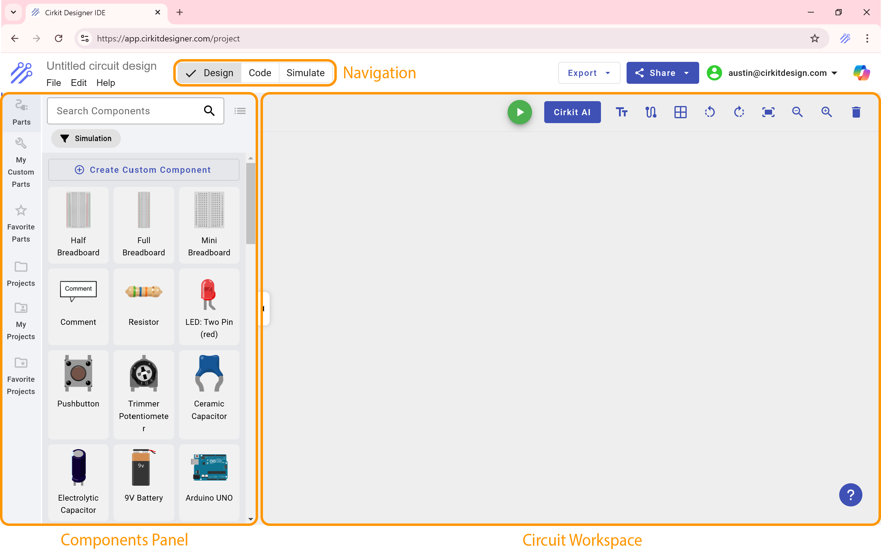 Layout for Cirkit Designer interface Cirkit Designer Interface Layout