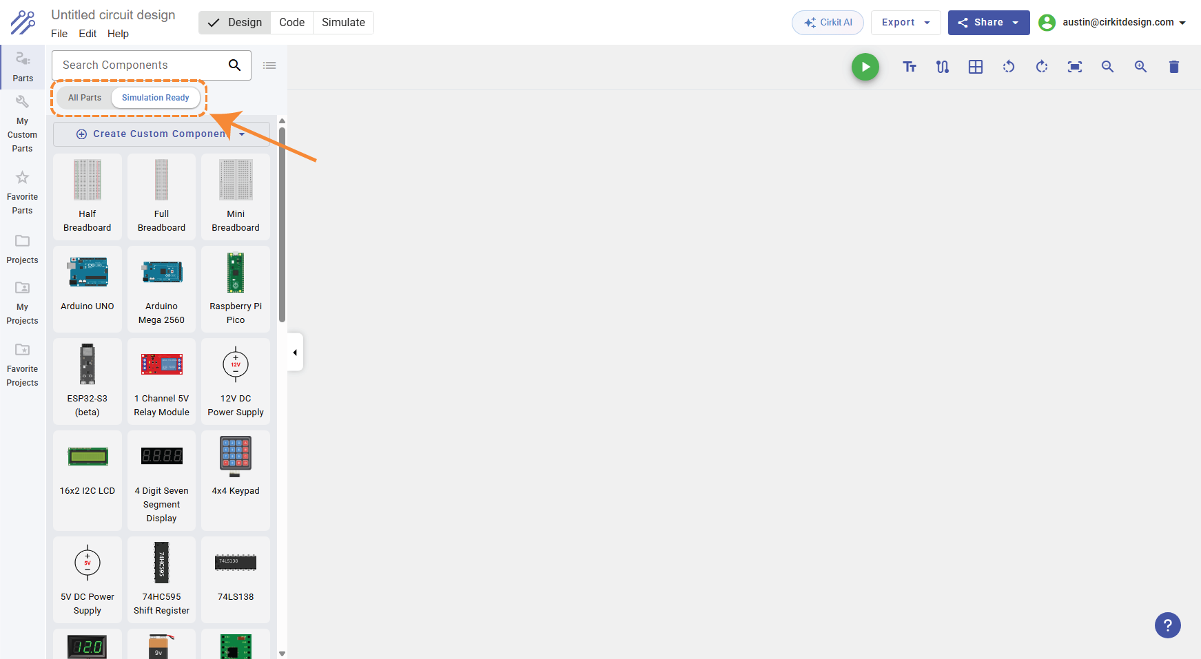 Click the Simulation Ready filter to show only parts that work with the simulator Simulation Ready filter in the Components Panel